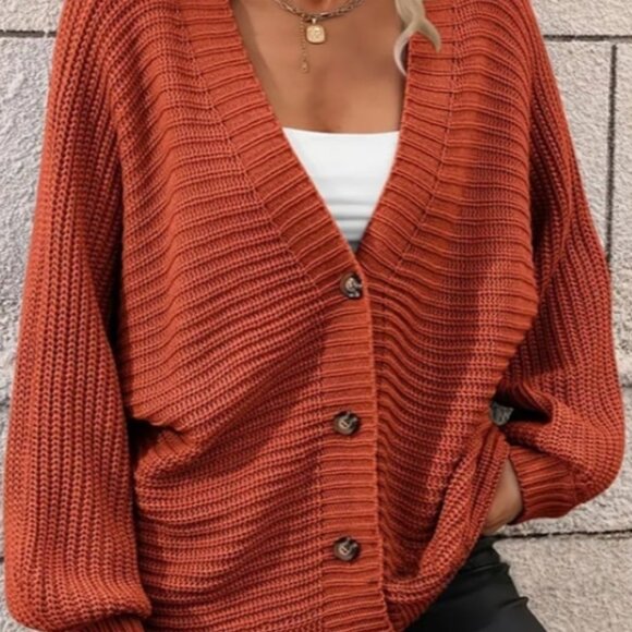Sweaters - 1XL14 Plus Size Casual Cardigan, Solid Button Up Lantern Sleeve V Neck Cardigan